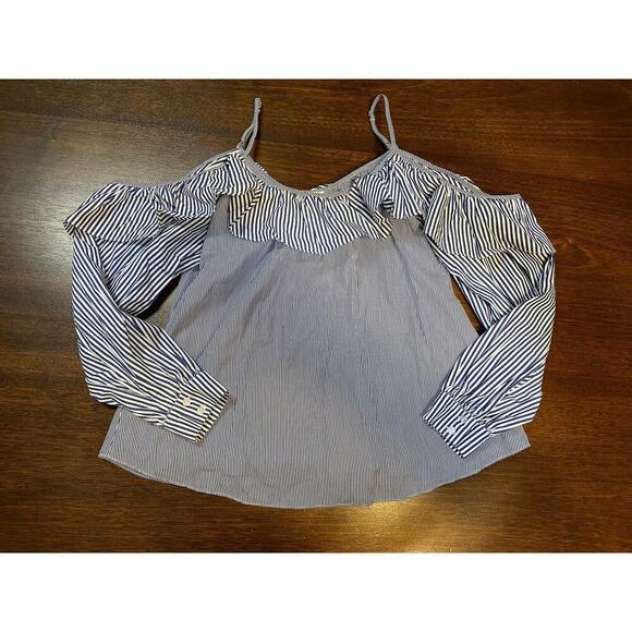 Parker Tops - Parker Women XS Off Shoulder Blue White Striped Ruffled 100% Cotton Festival Top